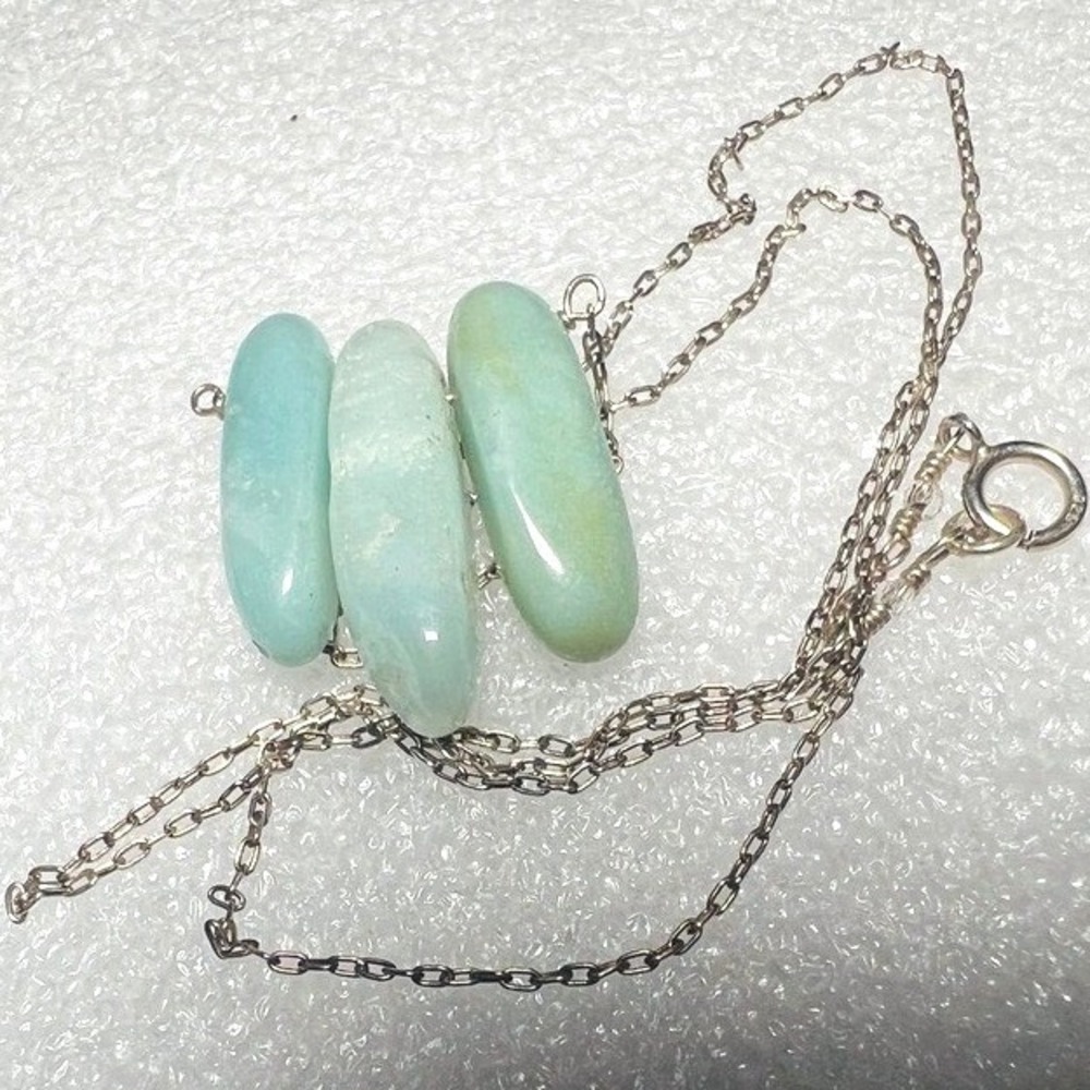 Sterling Silver Green‎ Stone Necklace 3 Natural Polished Semi Precious Gems READ